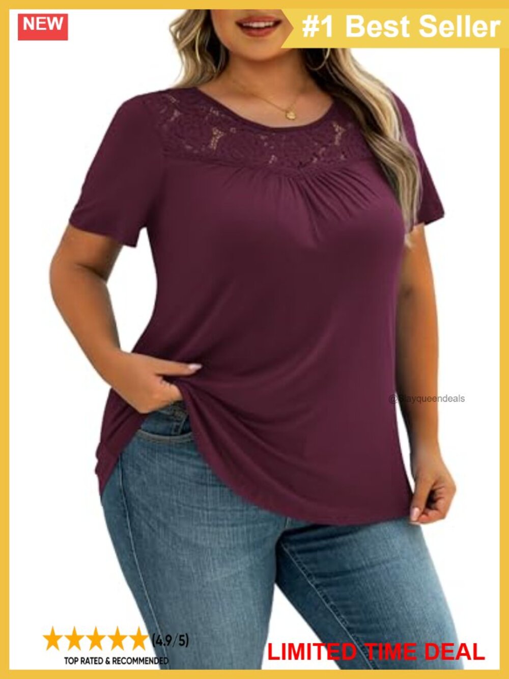 Plus Size Lace Trim Tunic Top Scoop Neck Short Sleeve Blouse